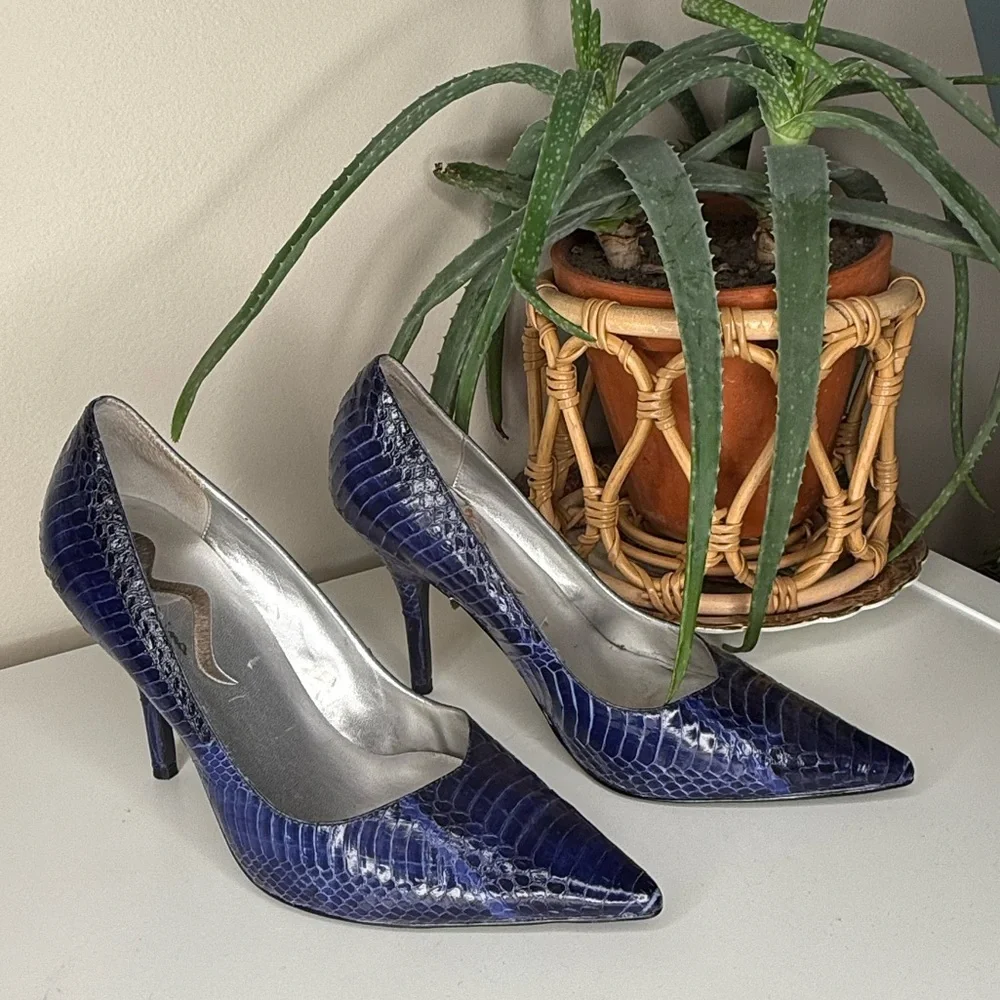 Vintage Nina New York Snakeskin Blue Pointed Toe Stiletto Heels Size 8.5M - Picture 2 of 13